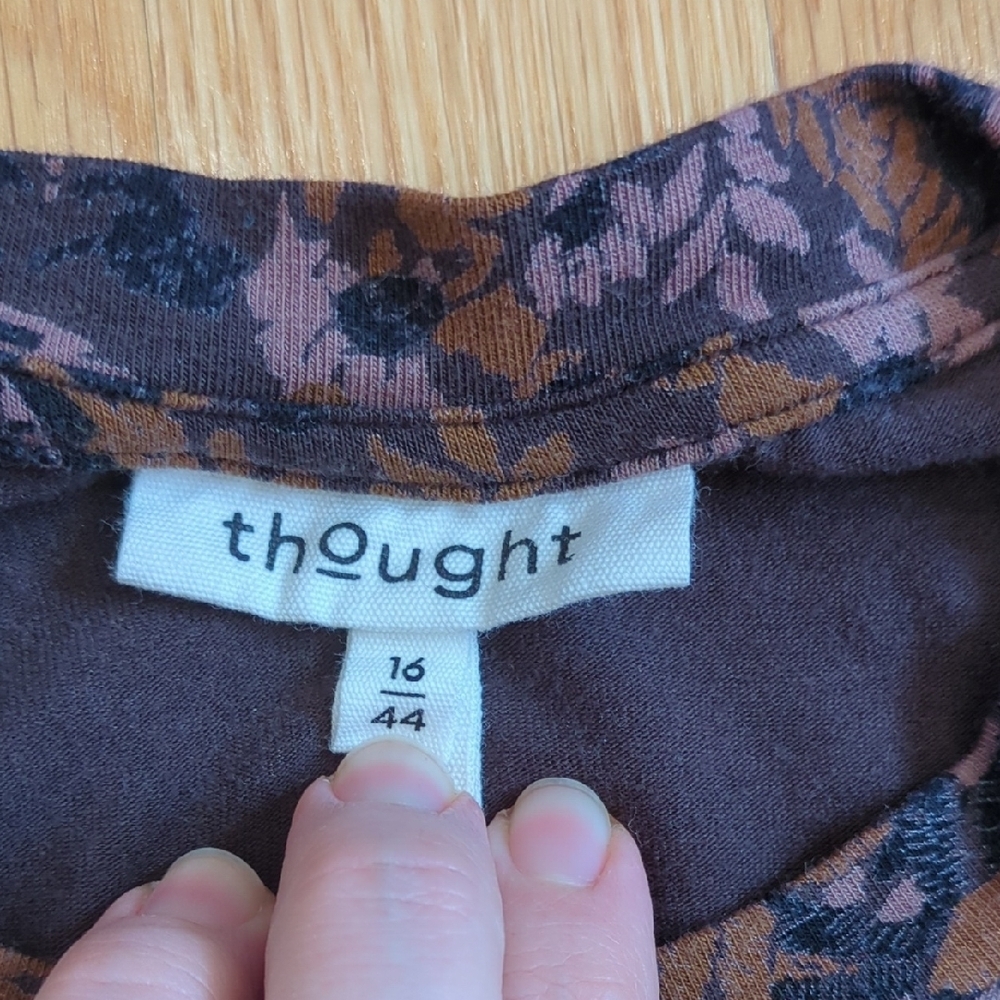 Thought Women Organic Cotton Jersey Chocolate Brown Floral Top US Large Whimsy - Picture 2 of 5